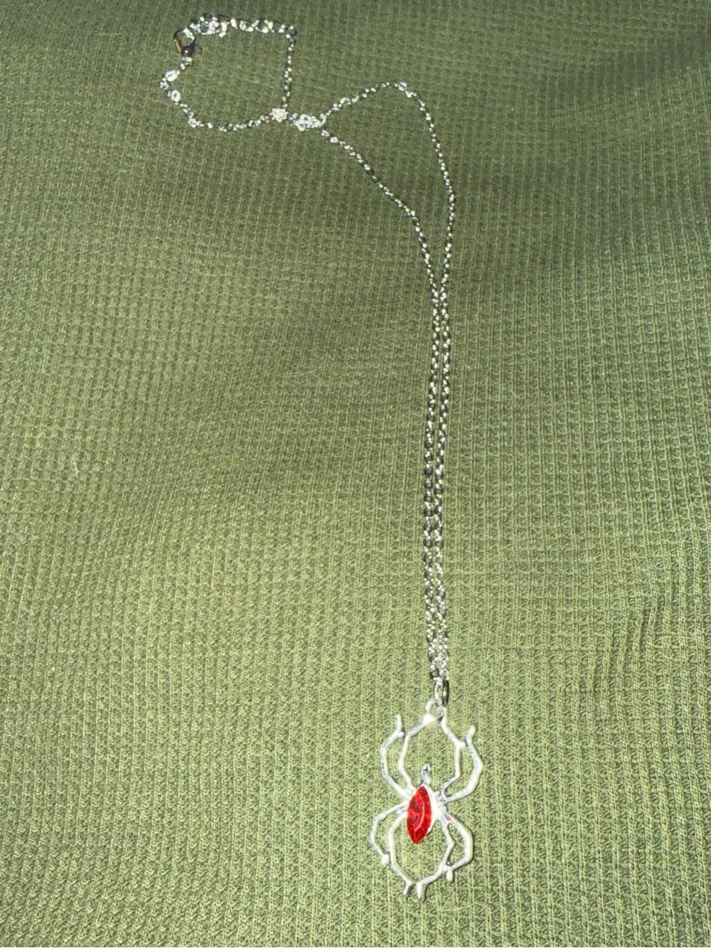 Sterling Silver Spider Pendant Necklace with Red Stone